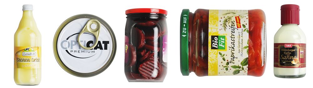 Beispielbild Etiketten mit 5 unterschiedlichen Behältnissen wie kleine Flaschen, Dosen oder Konservengläser